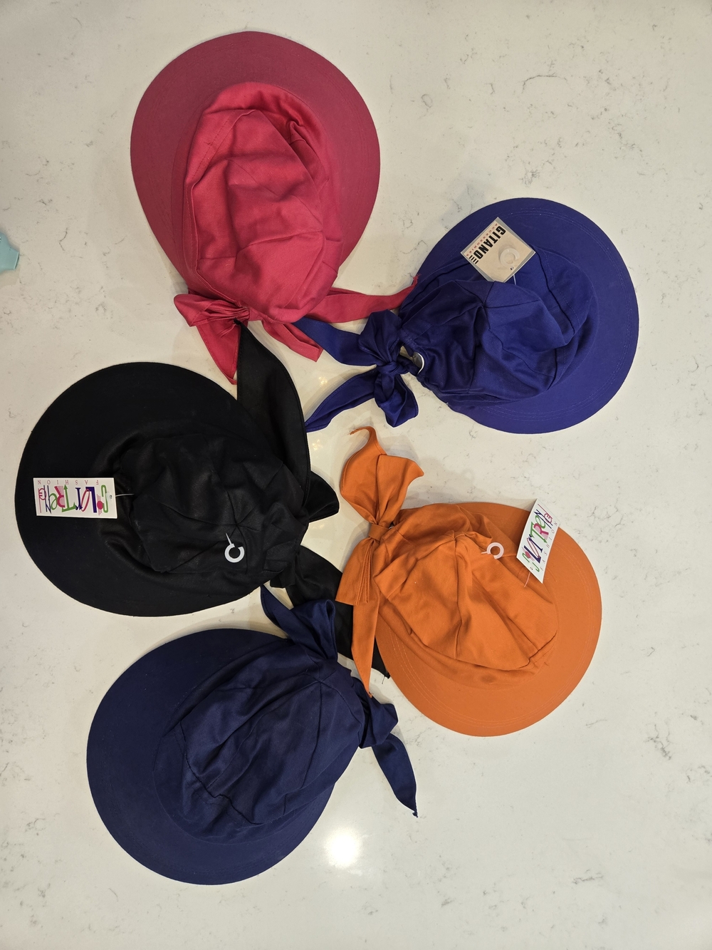 Set Of 5 New With Tags Wide Brim Sun Caps In Different Colors.  Never Worn.